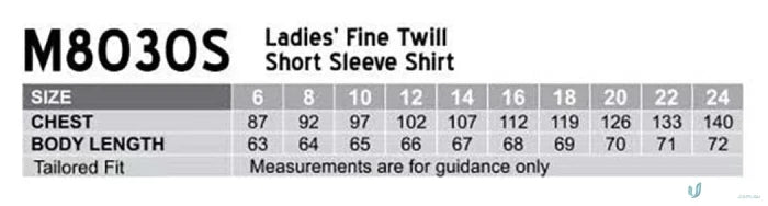 Winning Spirit Ladies ladys fine twill shirt size chart for M8030S