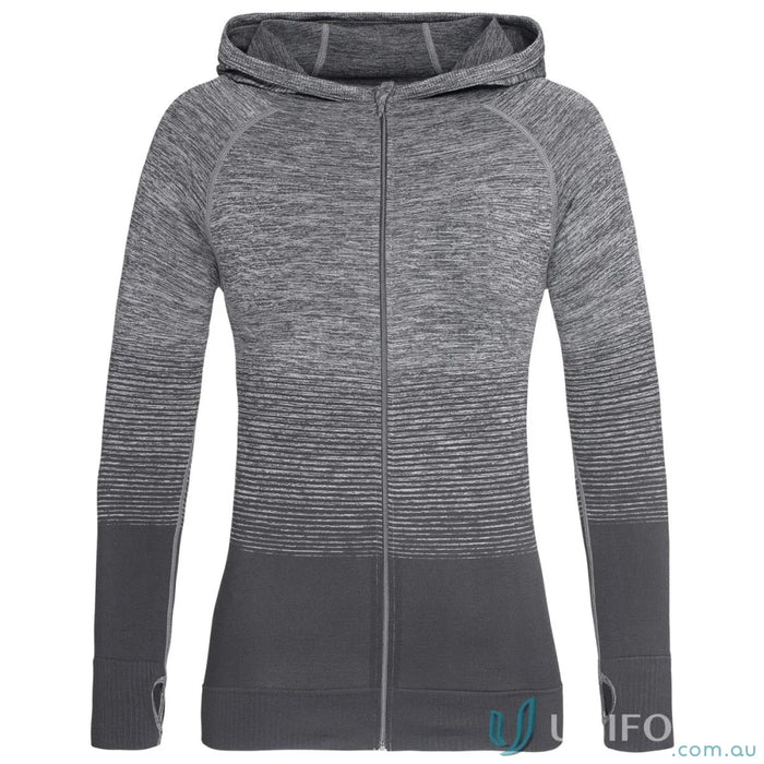 Women’s active seamless jacket with heather gray color, darker lower section, and thumbholes