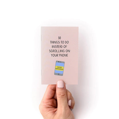 Phone-free activity zine with pink cover, phone icon, and '30 things to do' text