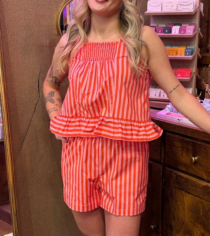 Entro Candy Striper top, stylish women's tops featuring a vibrant red and white striped pattern, casual and trendy design.