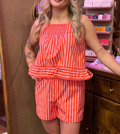 Entro Candy Striper top, stylish women's tops featuring a vibrant red and white striped pattern, casual and trendy design.