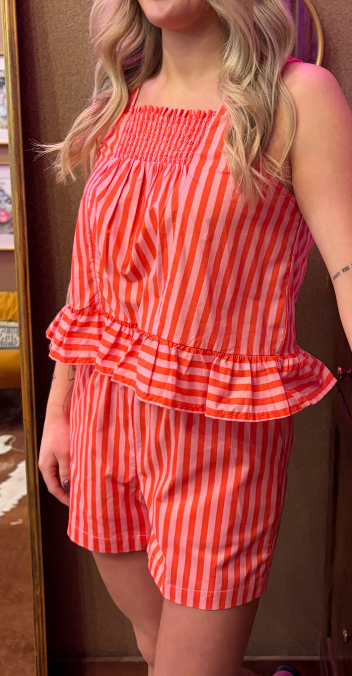 Entro Candy Striper Shorts in bright pink with high-waisted fit and casual style, shown on a model.