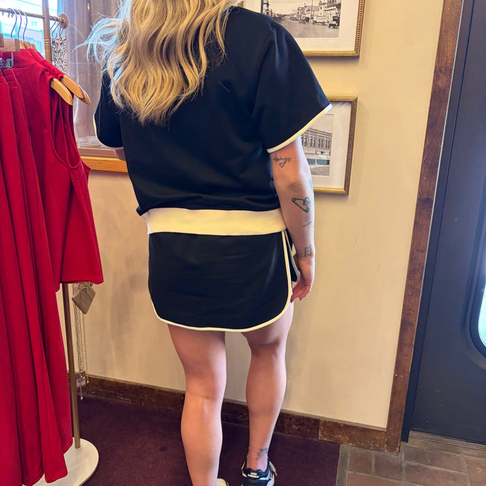 Black and cream Simply Southern skort shorts shown with a comfortable, casual design and a flexible waistband.