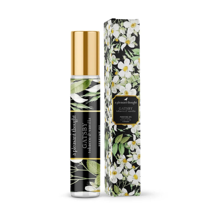 A Pleasant Thought Gatsby perfume oil bottle with tobacco and vanilla scent, featuring elegant packaging and a luxurious design.