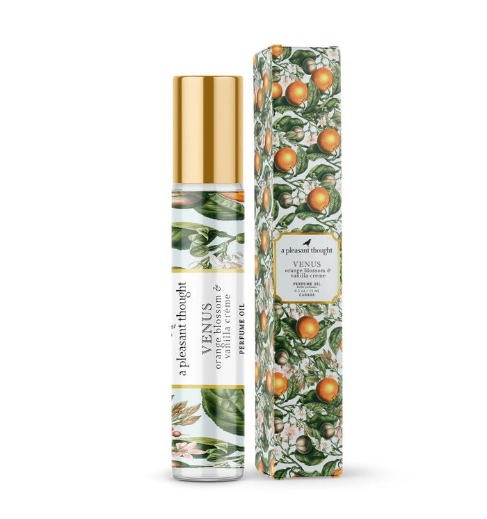 A Pleasant Thought Venus perfume oil bottle with orange blossom and vanilla crème scent, displayed on a neutral background.