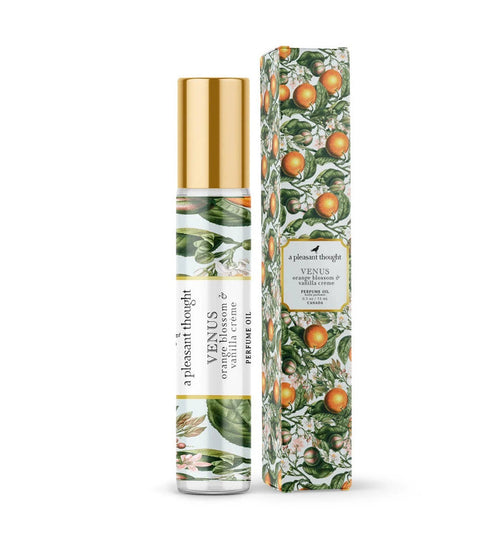 A Pleasant Thought Venus perfume oil bottle with orange blossom and vanilla crème scent, displayed on a neutral background.