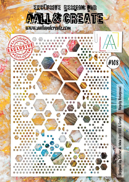 AALL and Create Stencil - 108 - Hugely Hexagonal. Designed by Autor de Mwa. Size: 8.3"x11.7". Available at Embellish Away located in Bowmanville Ontario Canada.