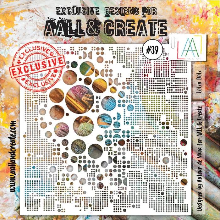 AALL & Create - Stencil - 039 - Lotza Dotz. Size: 15.4x15.4 | 6"x6". Available at Embellish Away located in Bowmanville Ontario Canada.