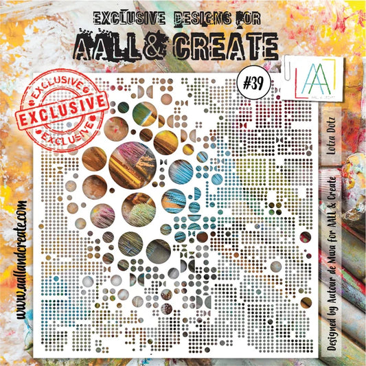 AALL & Create - Stencil - 039 - Lotza Dotz. Size: 15.4x15.4 | 6"x6". Available at Embellish Away located in Bowmanville Ontario Canada.