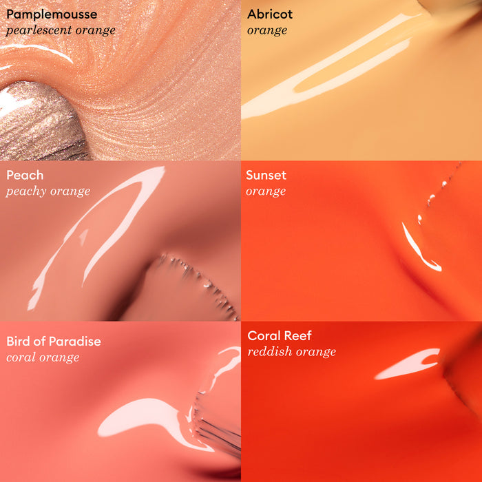 Six close-up swatches of Manucurist Green™ nail polishes in orange hues, featuring Abricot (apricot), Pamplemousse (pastel), Peach, Sunset, Bird of Paradise (coral), and Coral Reef (reddish orange).