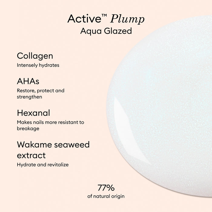 A swipe of Manucurist Active™ Plump Aqua Glazed is displayed on a pale backdrop. The text highlights its skin-care-inspired ingredients, including collagen, AHAs, hexanal, wakame seaweed extract, and a formula composed of 77% naturally derived ingredients. Benefits such as deep hydration and nail strengthening are emphasized for beautifully hydrated nails. Ideal for anyone looking for volumizing nail care with nourishing properties.