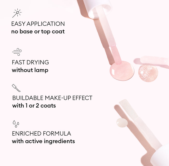 Manucurist Active™ Plump Aqua Glazed nail polish bottle with brush and pink drops, displayed on a minimalist pink and white background. Text: Easy application, fast drying without a lamp, buildable makeup effect, and an enriched formula with active ingredients for hydrated nails. Experience the collagen-infused benefits of Active™ Plump Aqua Glazed by Manucurist.