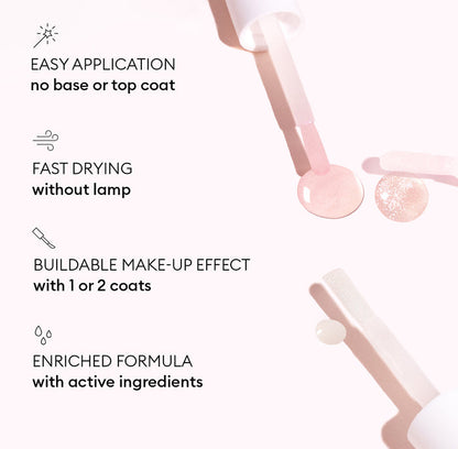 Manucurist Active™ Plump Aqua Glazed nail polish bottle with brush and pink drops, displayed on a minimalist pink and white background. Text: Easy application, fast drying without a lamp, buildable makeup effect, and an enriched formula with active ingredients for hydrated nails. Experience the collagen-infused benefits of Active™ Plump Aqua Glazed by Manucurist.