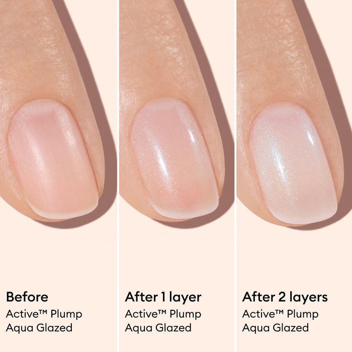 Three close-up images of a fingernail illustrate the transformation with Manucurist’s Active™ Plump Aqua Glazed: natural, hydrated nails on the left; a single layer of the shimmery pink polish in the center; and a more opaque, glossy finish with two layers on the right. Text describes each stage.
