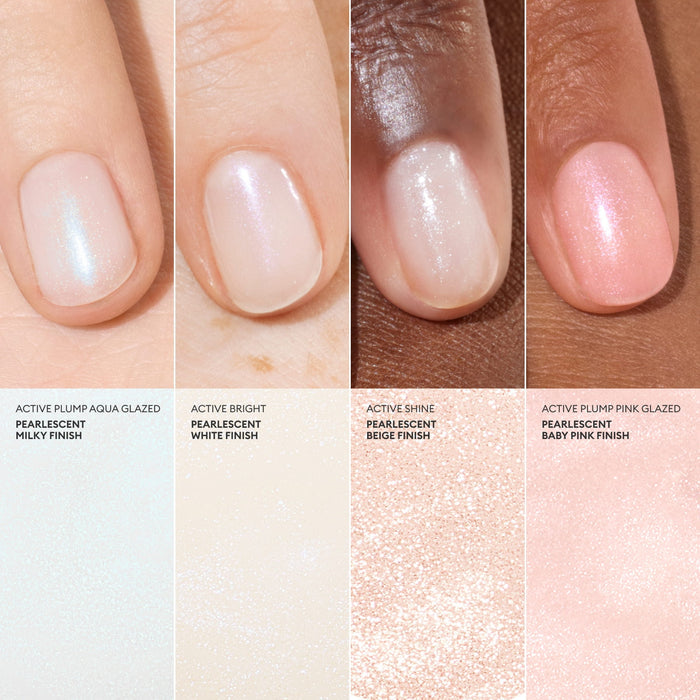 Four close-ups of fingernails painted with Manucurist’s Active™ Plump Aqua Glazed pearlescent nail polish in aqua, white, beige, and pink shades—each displayed on a range of skin tones with coordinating swatches beneath—demonstrate the hydrated nails effect achieved by this volumizing nail care.