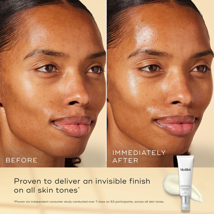 A before and after comparison of a participant’s face, demonstrating an invisible finish. Text states the product is "Proven to deliver an invisible finish on all skin tones." An image of a white tube of Advanced Day Ultimate Protect with a dollop of cream is shown in the corner.