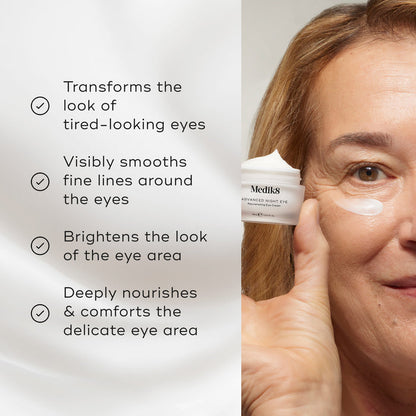 List of benefits appear next to a model holding the Medik8 Advanced Night Eye jar. Text claims the cream transforms tired eyes, smooths fine lines, brightens, and deeply nourishes the delicate eye area.