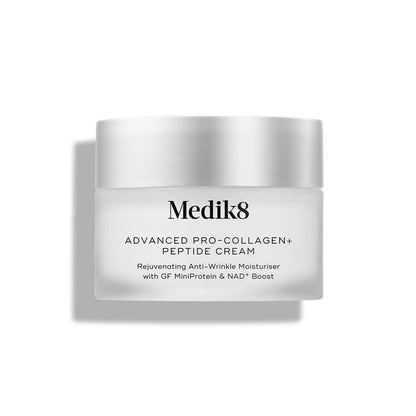 Medik8 Advanced Pro-Collagen+ Peptide Cream jar with a closed silver lid, centered on a clean white background. The frosted glass jar displays text highlighting "Rejuvenating Anti-Wrinkle Moisturiser with GF MiniProtein & NAD+ Boost.