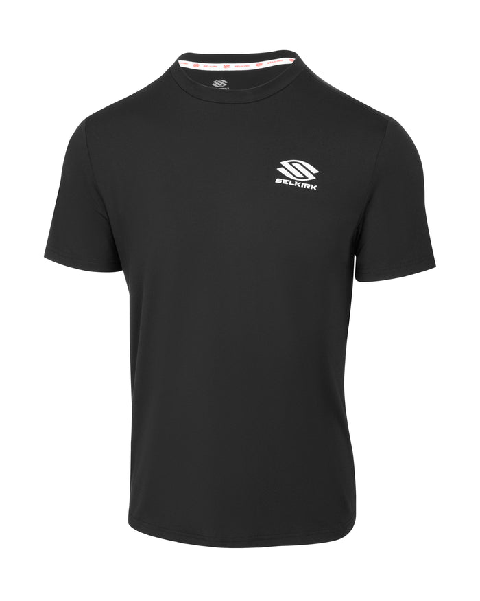 Black short-sleeve athletic t-shirt with white SELKIRK logo and 'SELKIRK' text on left chest