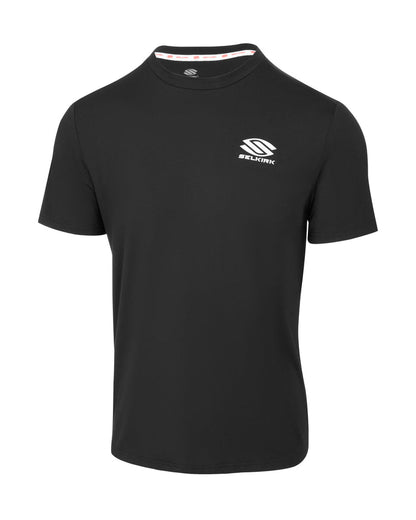 Black short-sleeve athletic t-shirt with white SELKIRK logo and 'SELKIRK' text on left chest