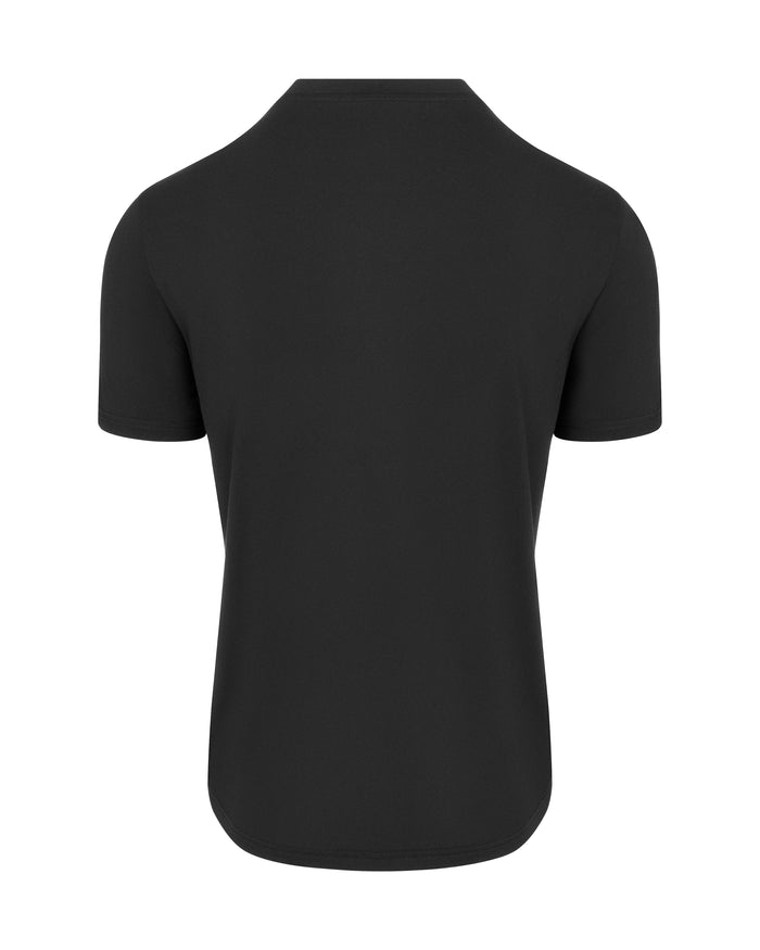 Back view of plain black short-sleeve t-shirt with curved hem