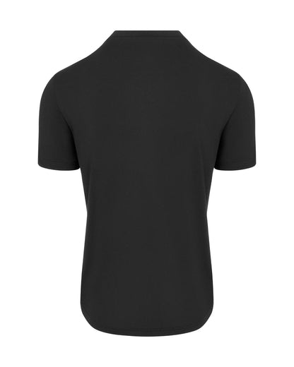 Back view of plain black short-sleeve t-shirt with curved hem