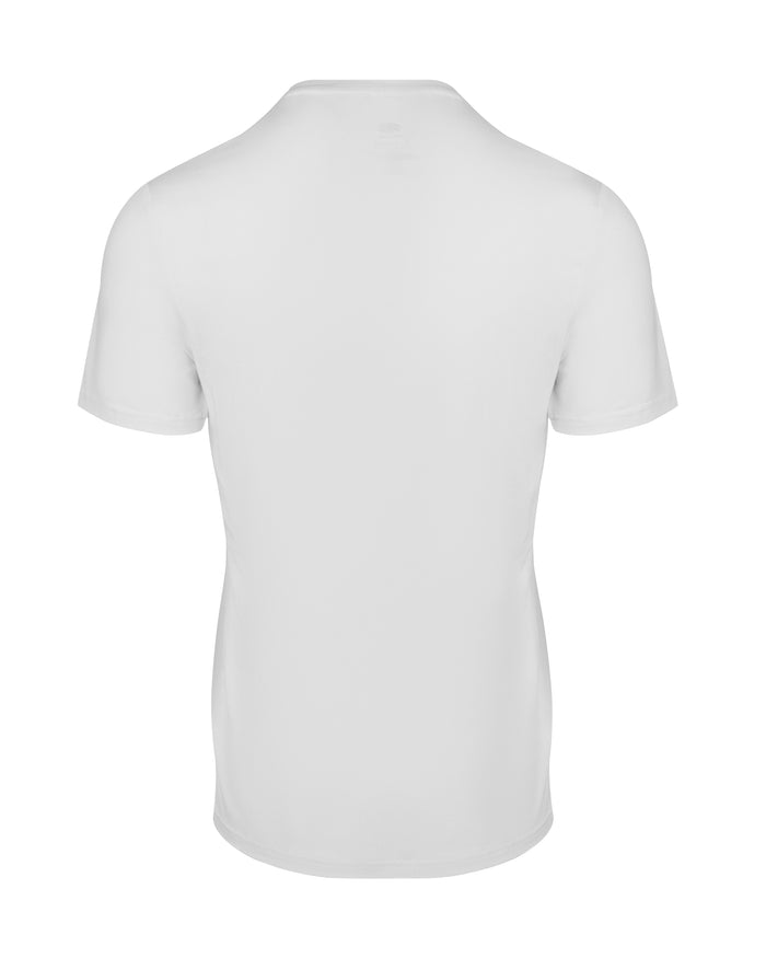 Back view of plain white short-sleeve crew-neck T-shirt