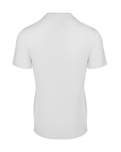 Back view of plain white short-sleeve crew-neck T-shirt