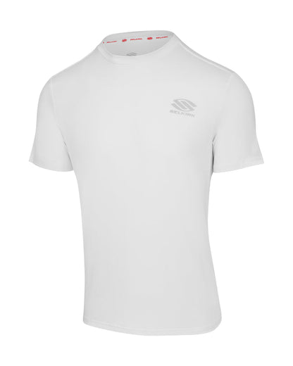 White short-sleeve athletic crew-neck shirt with small gray logo on left chest