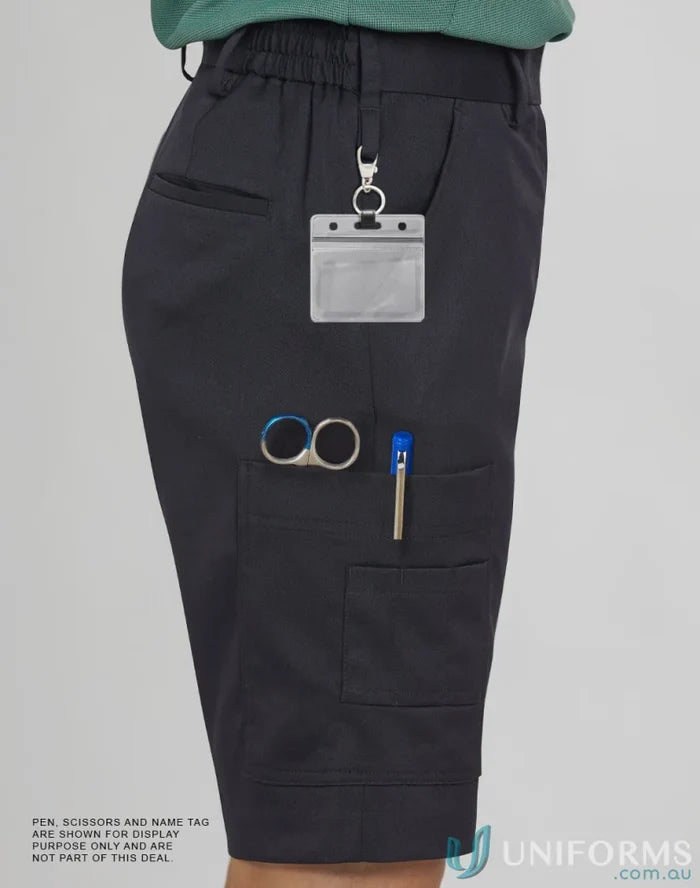 Ladies Utility Cargo Shorts with multiple pockets, elastic waist, and key clip for spirit ladies utility style