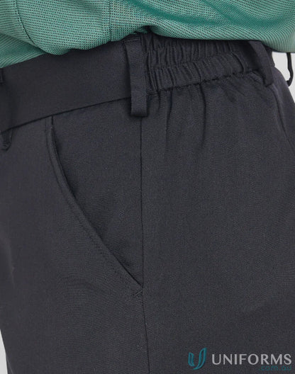 Dark gray ladies utility cargo trousers with elastic waist and side pockets