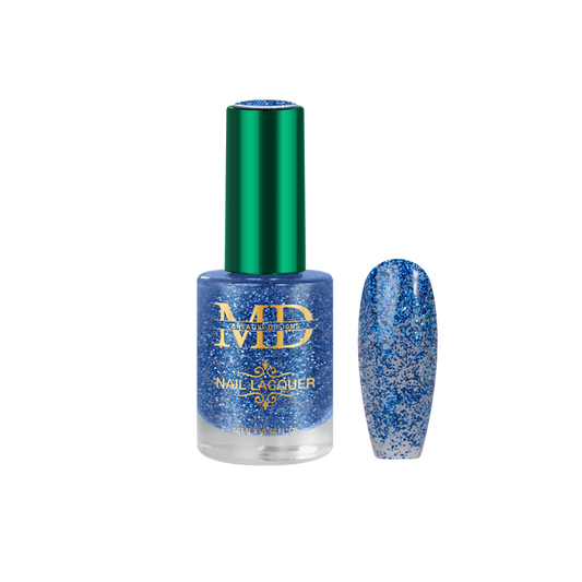 Blue nail polish bottle with green cap on a white background