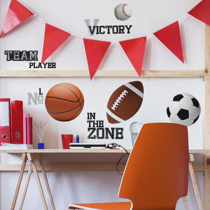 All Star SPORTS SAYINGS & BALLS Wall Stickers 24 Decals Soccer Football Basketball Kids Room Decor - EonShoppee