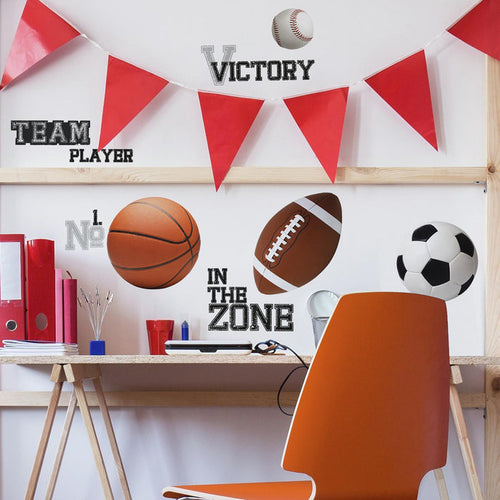 All Star SPORTS SAYINGS & BALLS Wall Stickers 24 Decals Soccer Football Basketball Kids Room Decor - EonShoppee