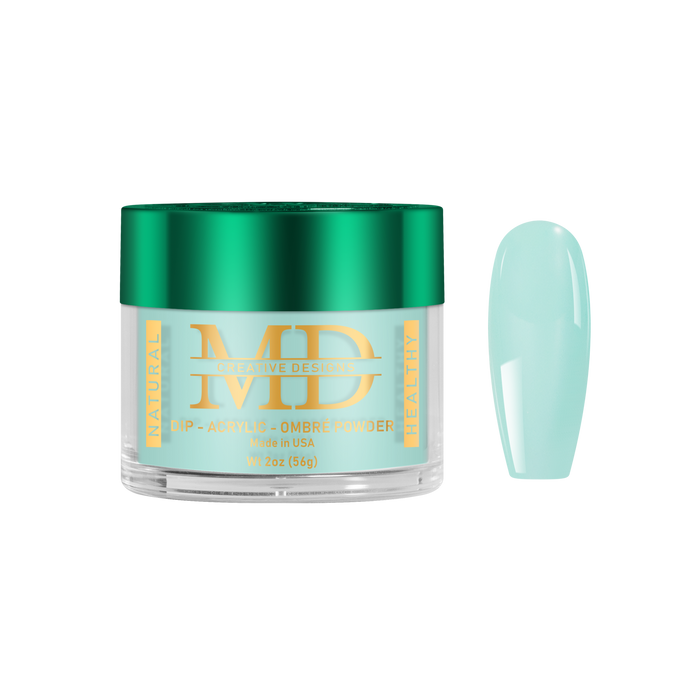 Jar of light blue nail powder with green lid on a white background