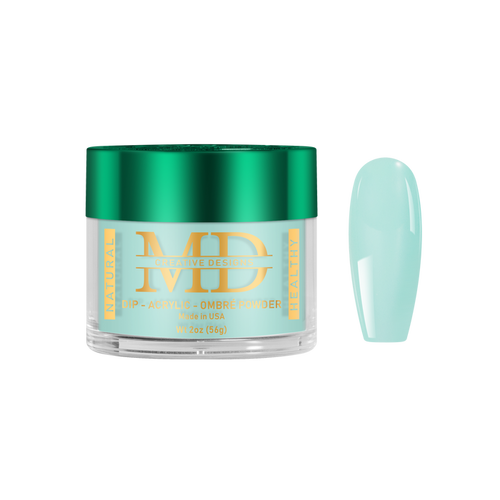 Jar of light blue nail powder with green lid on a white background