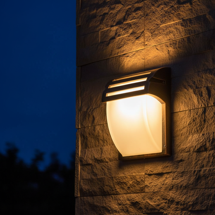 Antique bronze outdoor wall light glowing at night