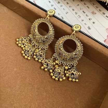 Antique Gold Ethnic Style Long Hollow Bell Tassel Traditional Jhumka Earrings