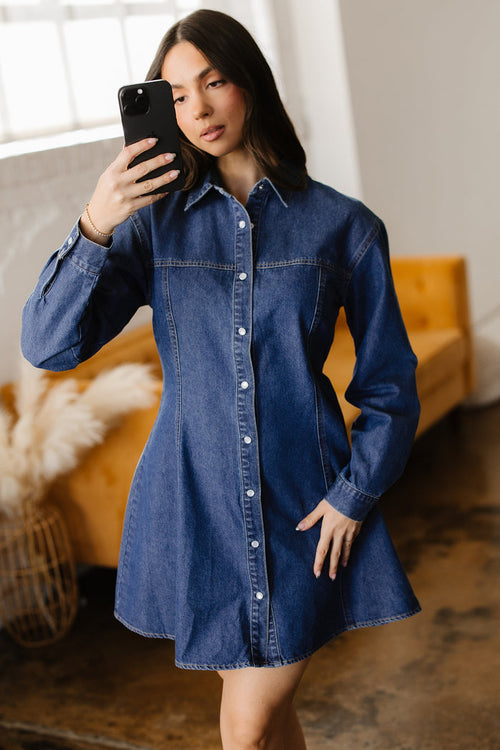 Ashleigh Blue Denim Shirt Collar Long Sleeve Flared Mini Dress 🇺🇸