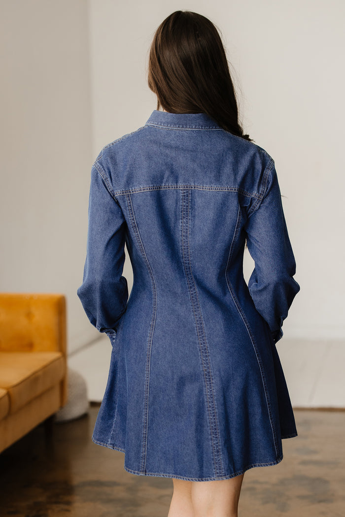 Ashleigh Blue Denim Shirt Collar Long Sleeve Flared Mini Dress 🇺🇸