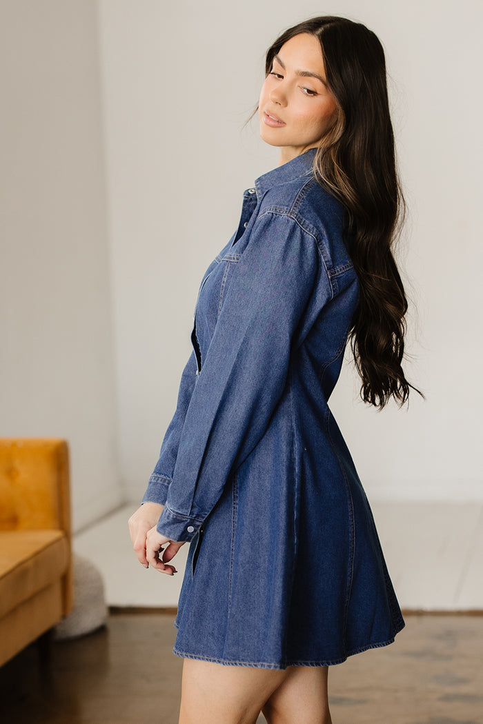 Ashleigh Blue Denim Shirt Collar Long Sleeve Flared Mini Dress 🇺🇸