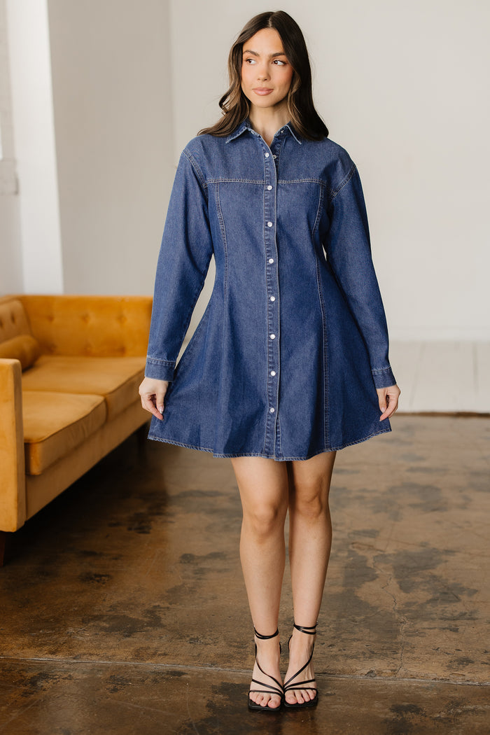 Ashleigh Blue Denim Shirt Collar Long Sleeve Flared Mini Dress 🇺🇸