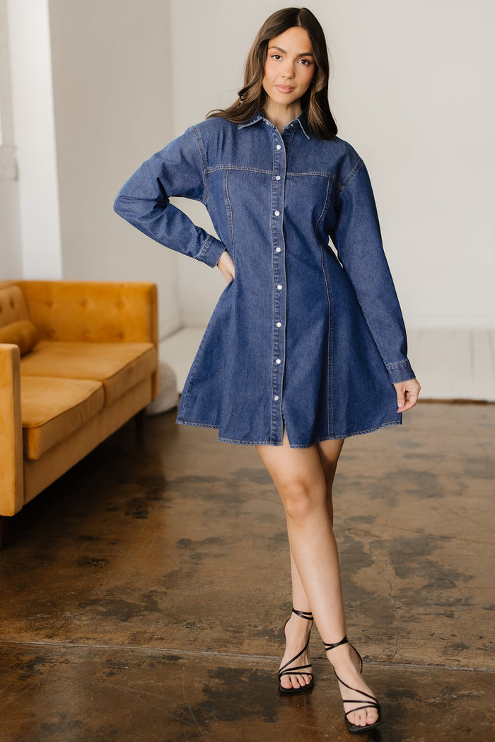 Ashleigh Blue Denim Shirt Collar Long Sleeve Flared Mini Dress 🇺🇸