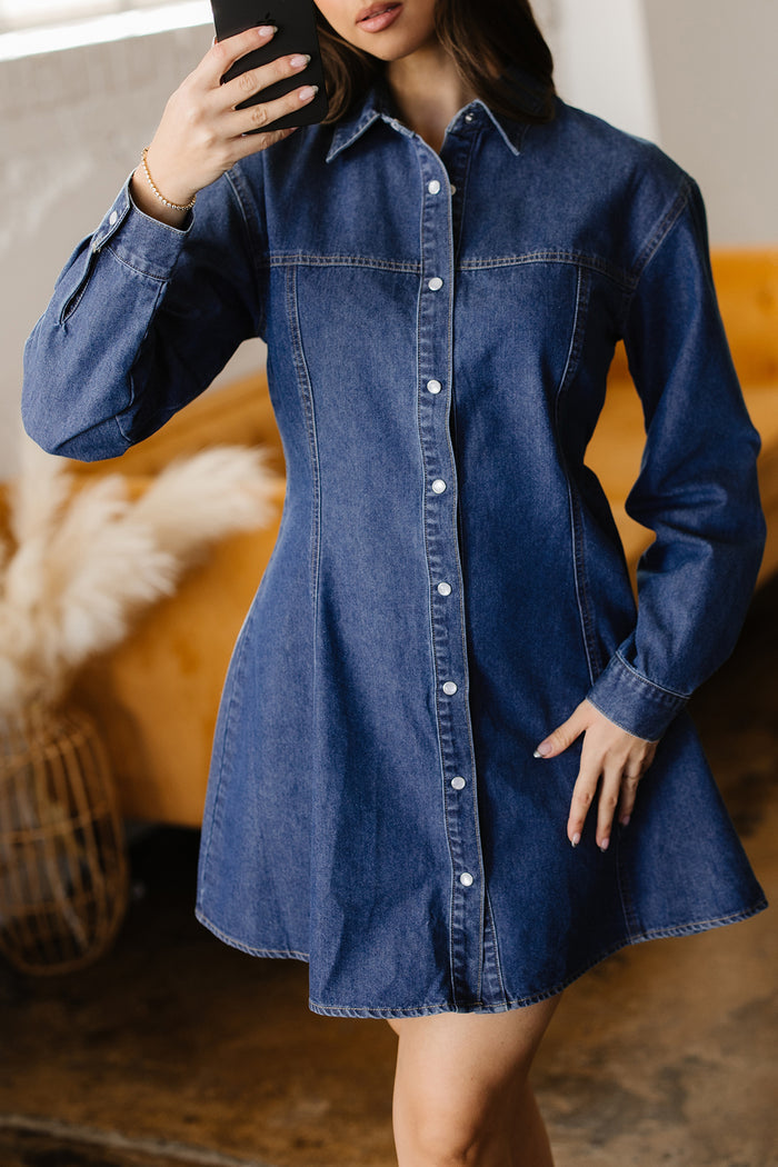 Ashleigh Blue Denim Shirt Collar Long Sleeve Flared Mini Dress 🇺🇸