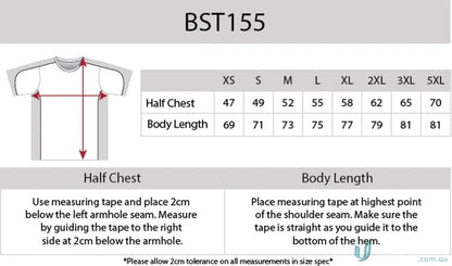 Auburn Adults Tee T-shirt sizing chart with CoolDry moisture management tech
