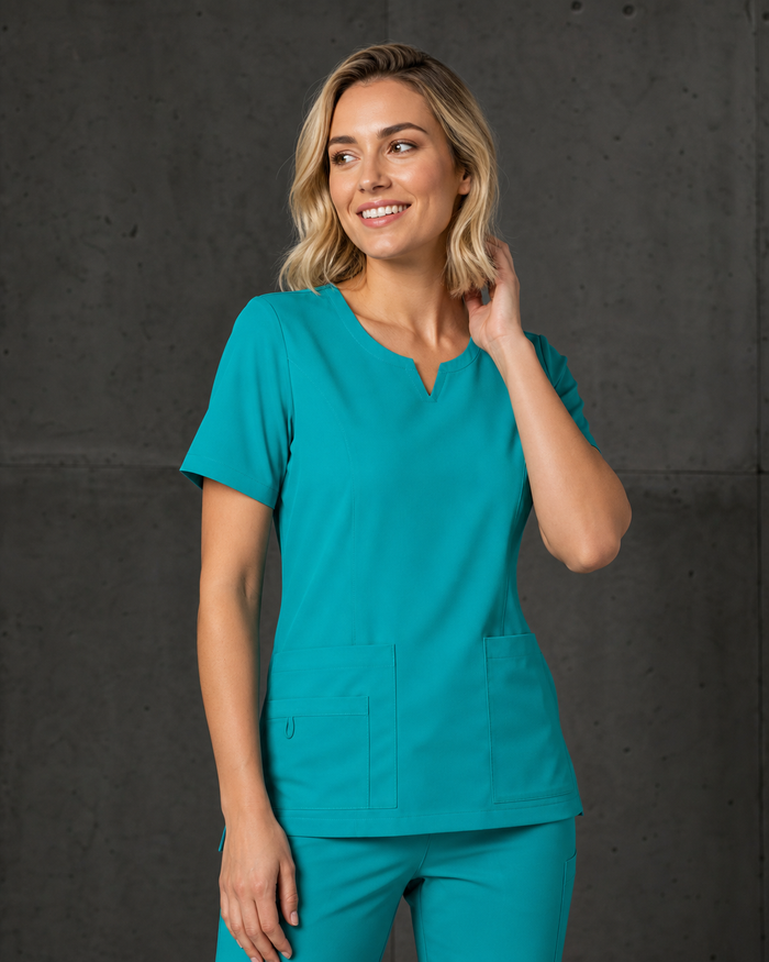 Avery Ladies Round Neck Scrub Top CST942LS in teal on model - main image