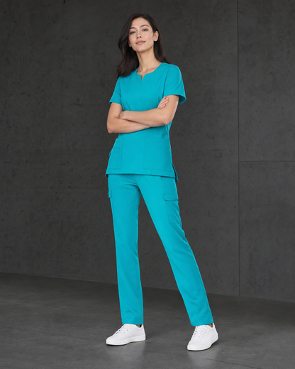 Avery Ladies Round Neck Scrub Top CST942LS in teal - full uniform view