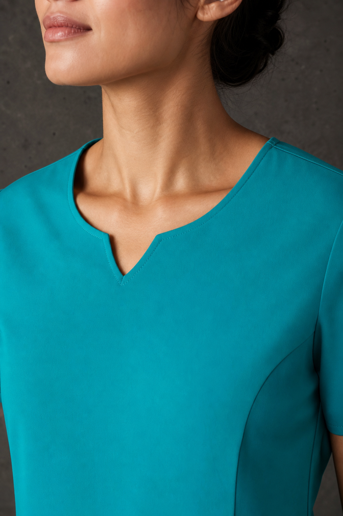 Avery Ladies Round Neck Scrub Top CST942LS teal neckline detail