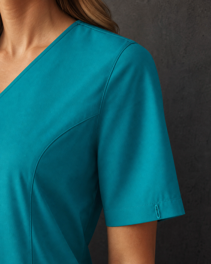 Avery Ladies Round Neck Scrub Top CST942LS teal sleeve detail