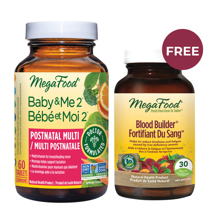 Bottles of MegaFood Baby & Me 2 Postnatal with FREE Blood Builder 60 + 30